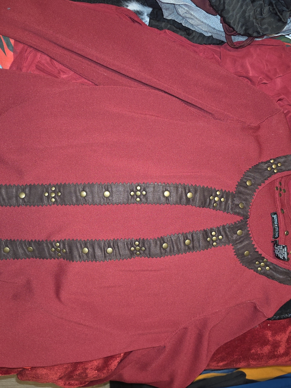 Stitches Red Long-Sleeve Scoop Neck Top with Brown Stud Trim